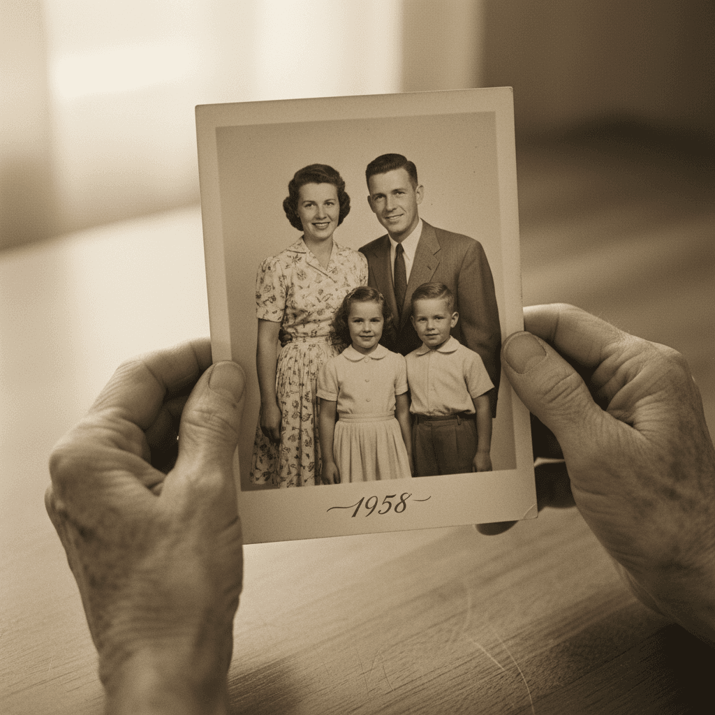 Restored vintage family portrait from 1950s showing recovered detail