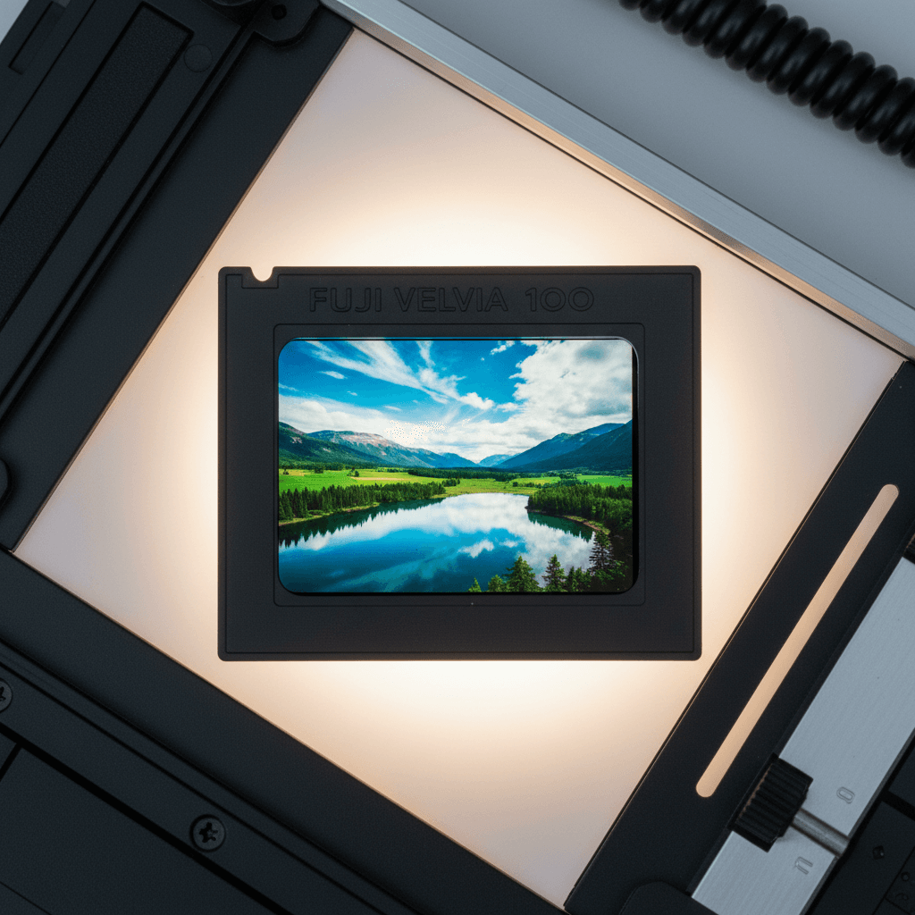 Professional scanning of restored color slide showing vibrant landscape