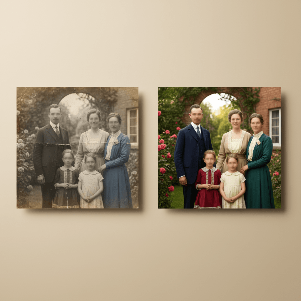 Before and after comparison of faded photograph and full restoration