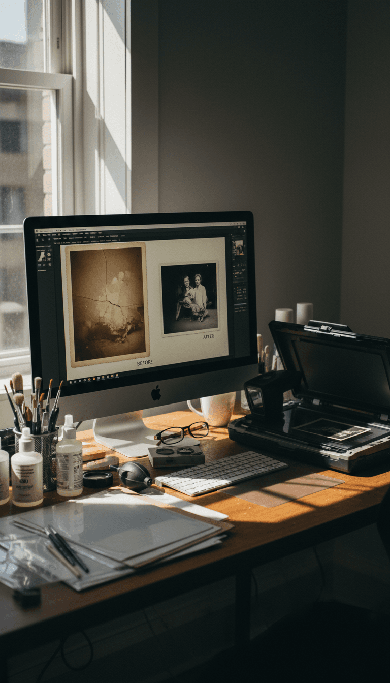Photo restoration workspace with scanner and editing software