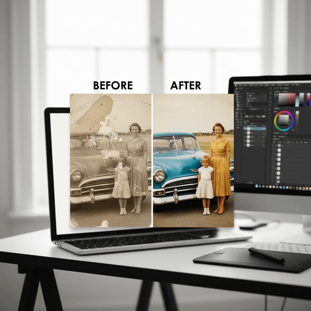 Comparison of faded water-damaged photo and its restored vibrant version