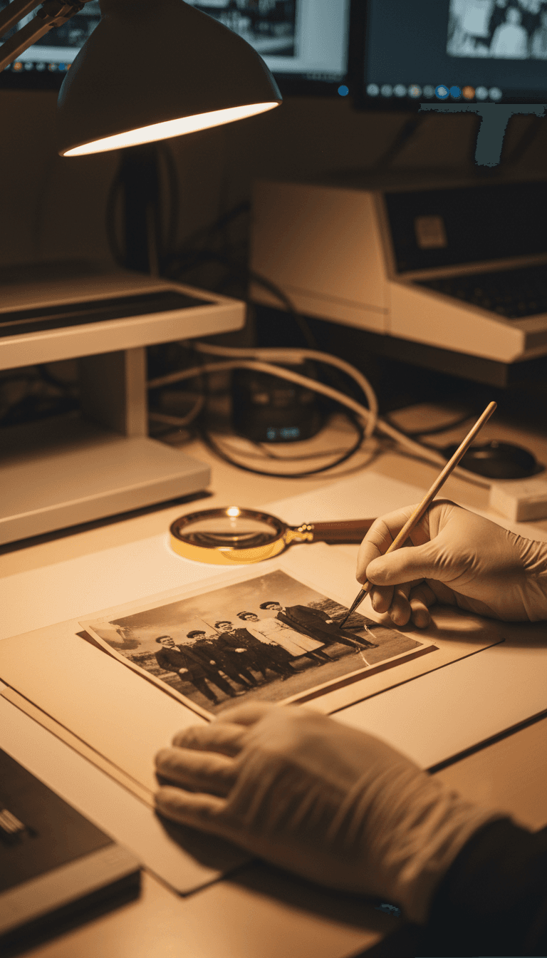 Close-up of hands carefully restoring a vintage photograph at a professional workstation