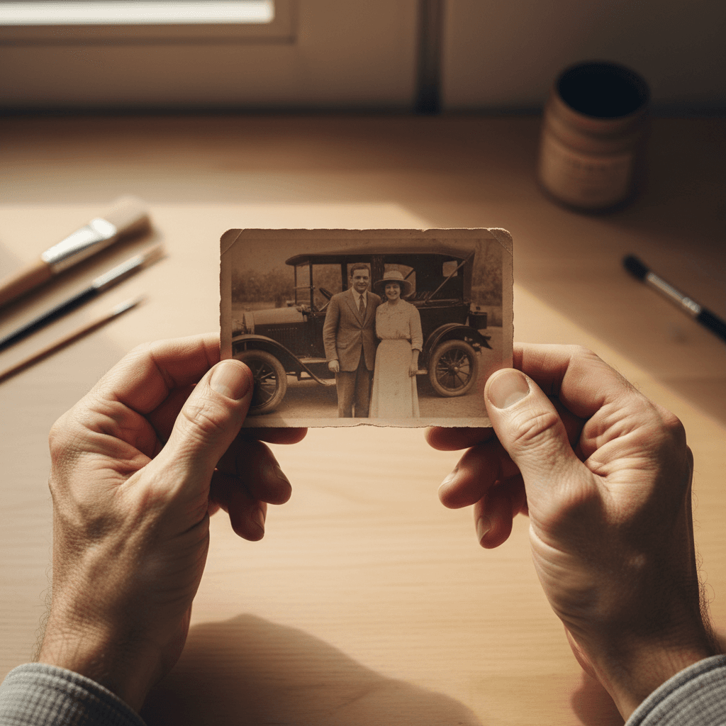 Hands carefully holding a restored vintage photograph
