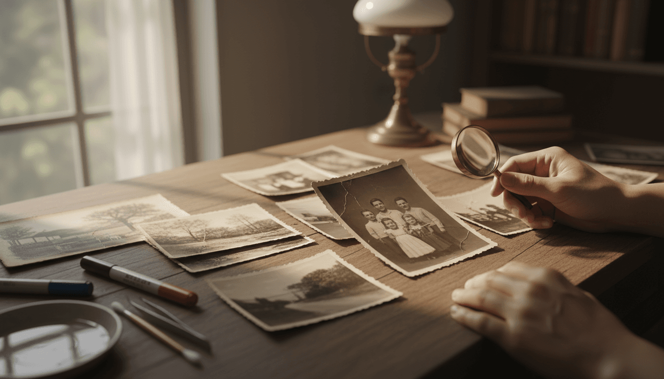 Restorer examining vintage photographs with care on a wooden desk