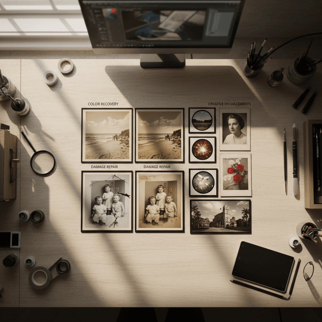 Portfolio collection of restored photographs showing variety of restoration techniques