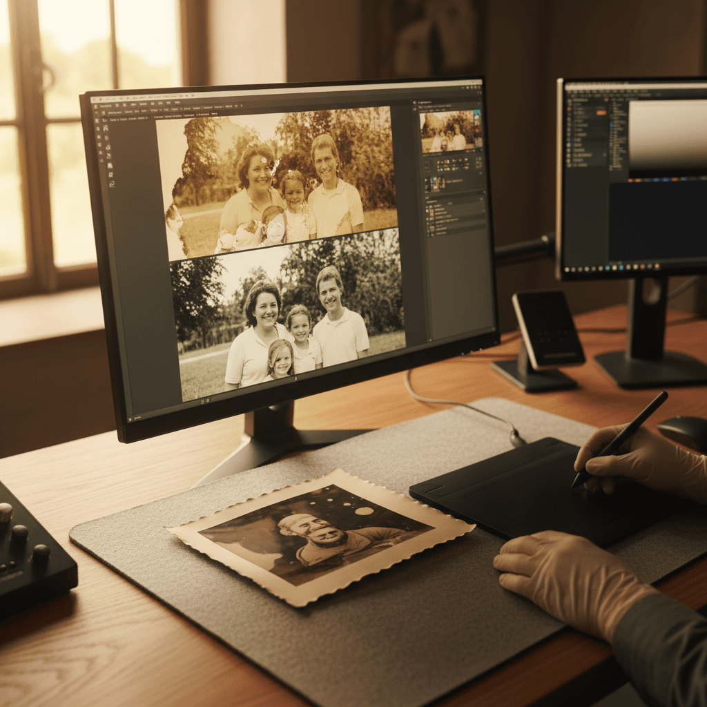 Water-damaged photograph restoration showing recovery of clarity and color