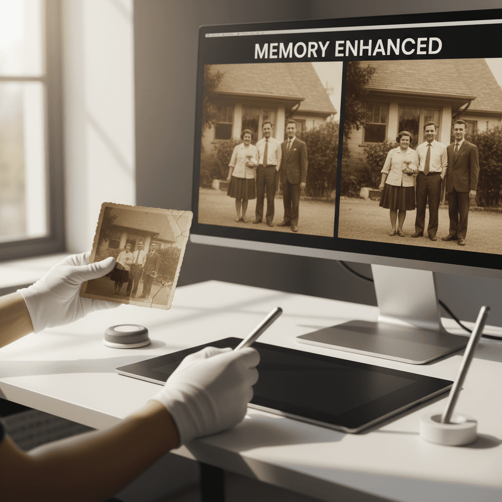 Restored photograph displayed on computer screen showing enhanced digital result