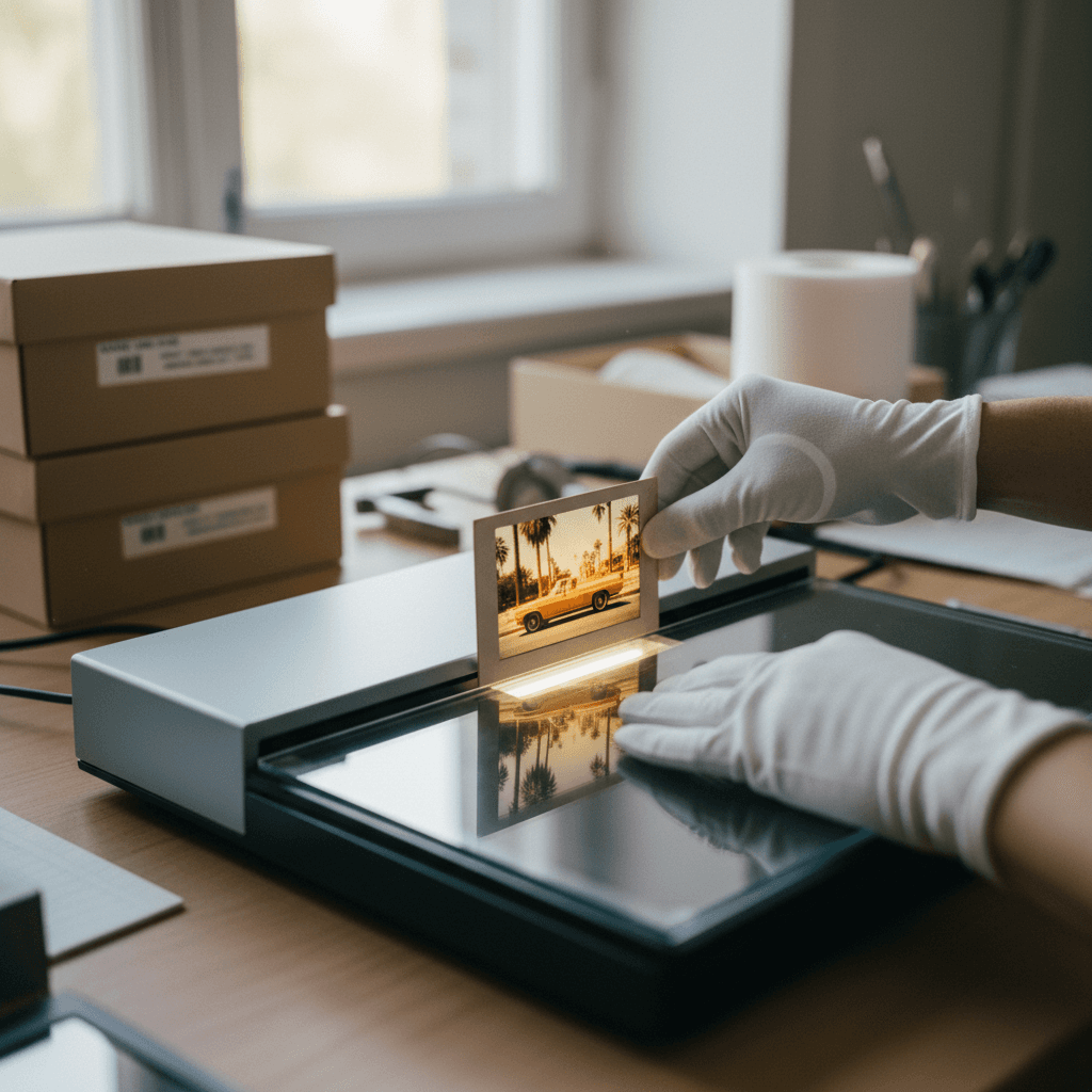 Vintage color slide positioned for high-quality scanning