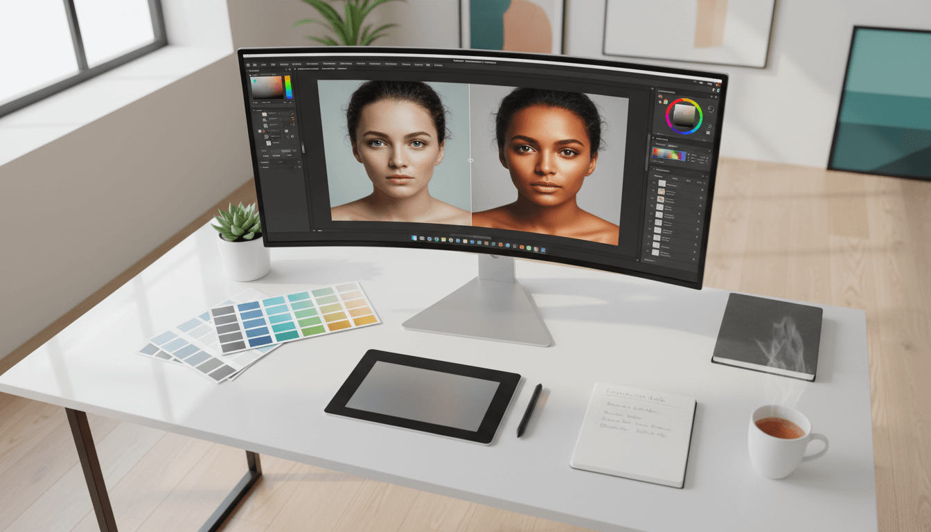 Restored landscape photograph displayed on editing monitor