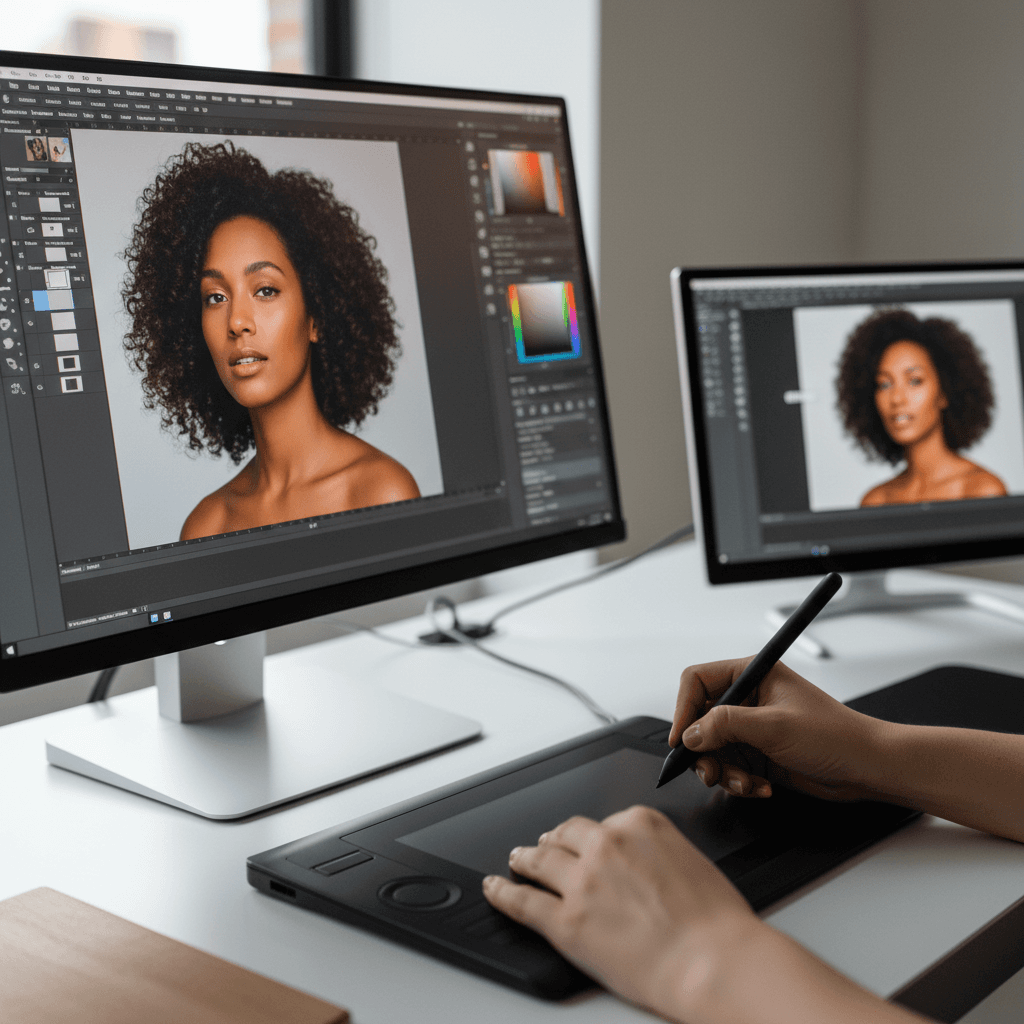 Before and after comparison of restored photograph on professional monitor