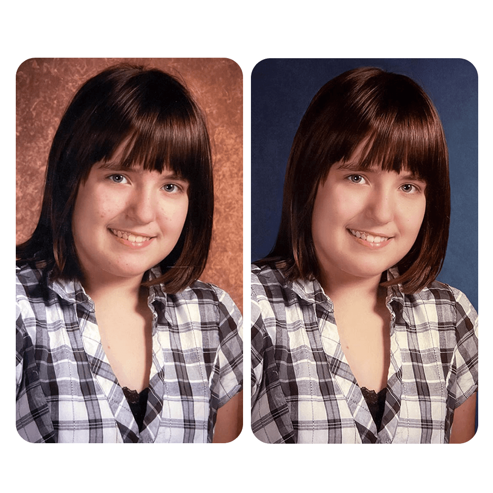 Two school portraits of a smiling girl against brown and blue mottled backgrounds.