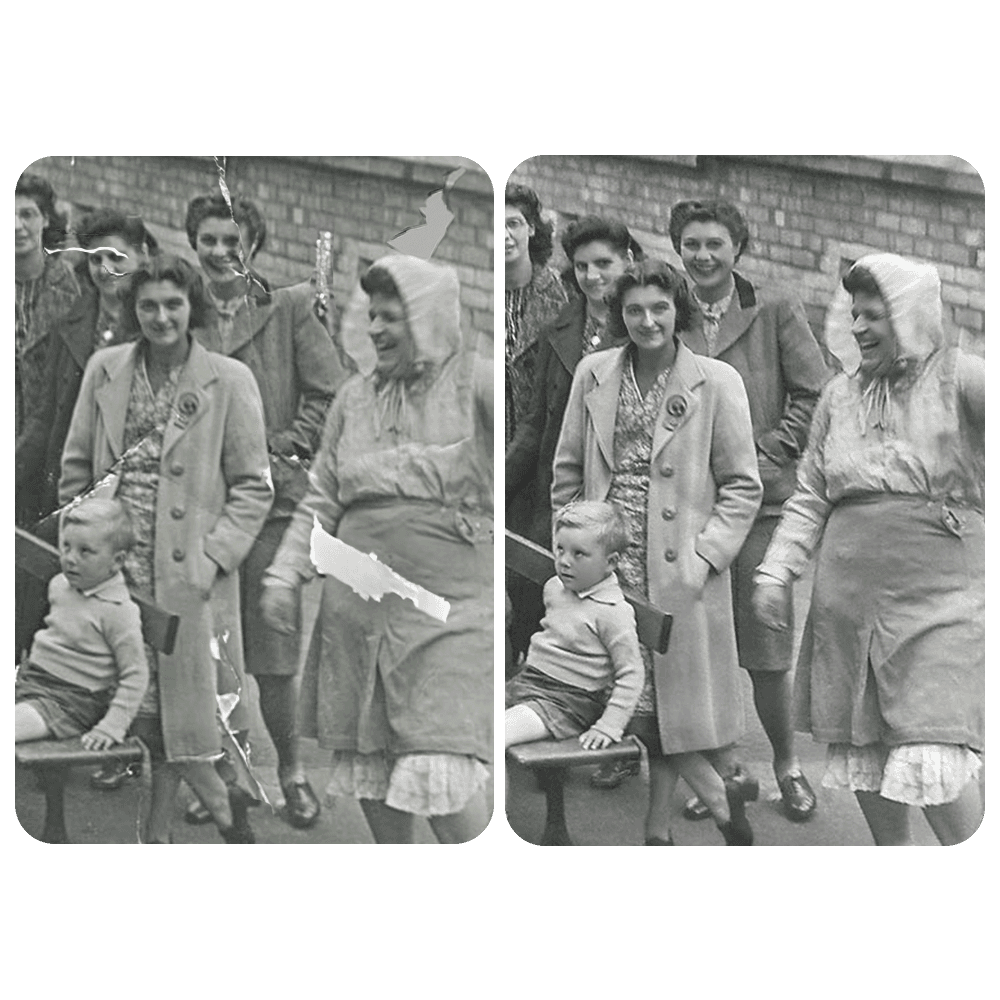Before and after comparison of a damaged vintage photograph being digitally restored and cleaned.