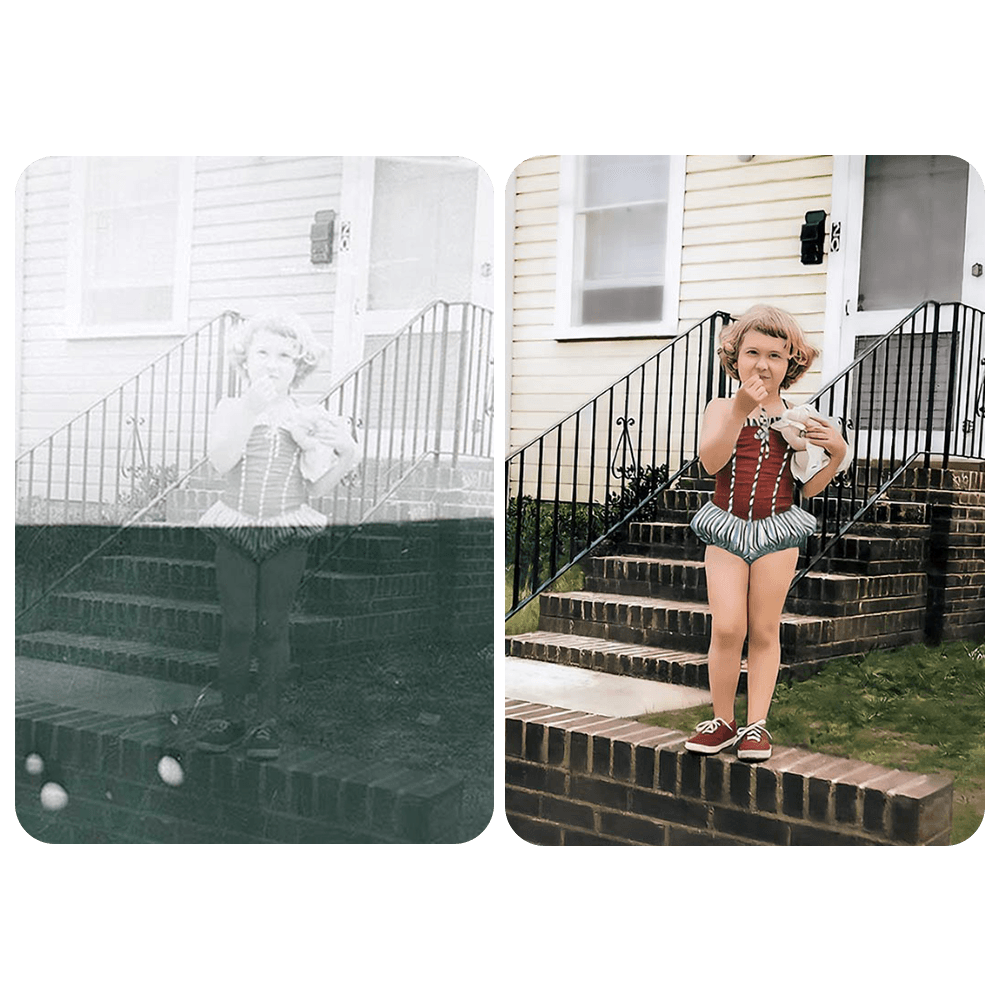 Side-by-side comparison showing the restoration and colorization of a vintage photograph of a young girl.