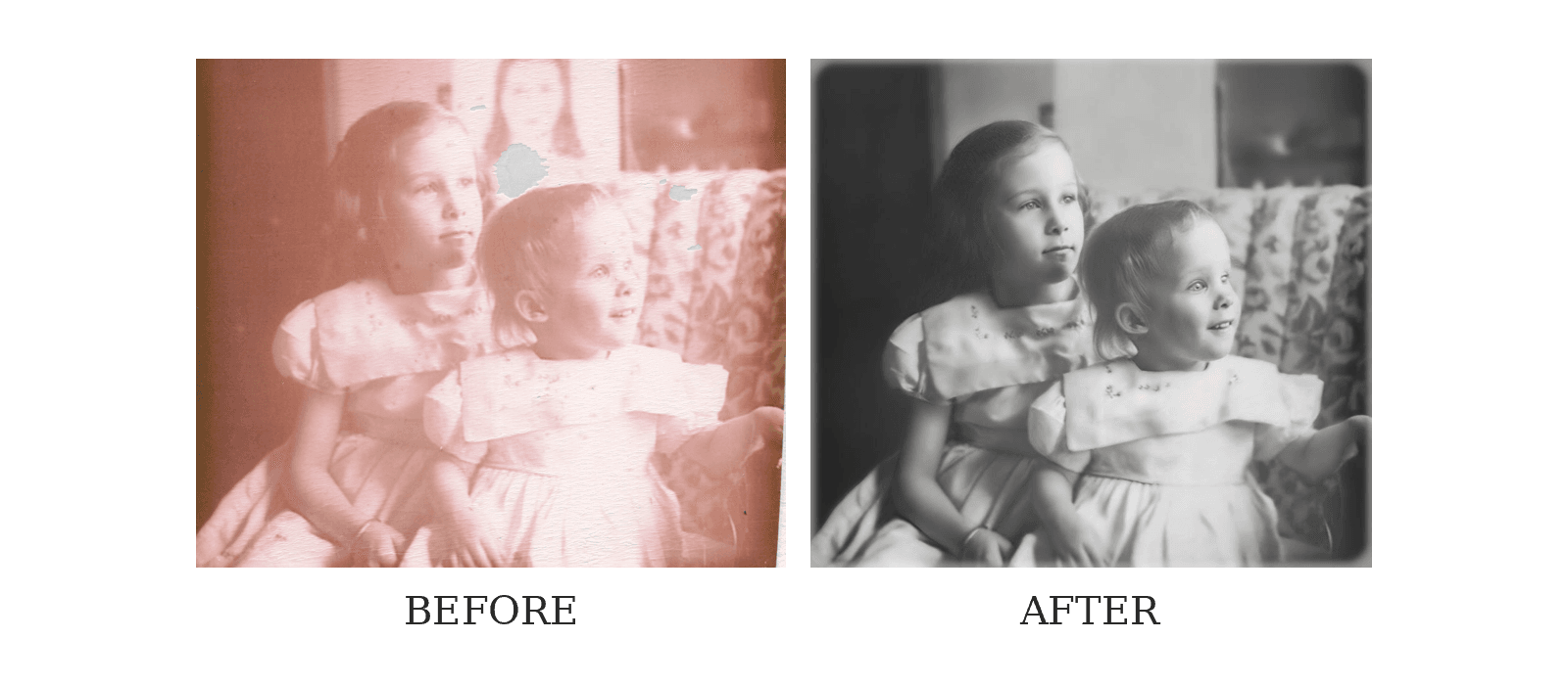 Restoration comparison of a faded vintage photo of two girls into sharp black and white.